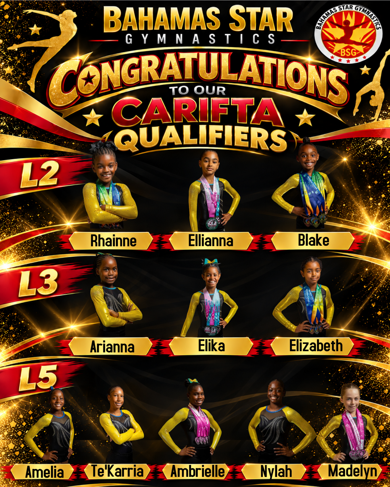 Carifta Qualifiers flyer showing eleven level 2, 3, & 5 Carifta qualifers from the Bahamas Star Gymnastics team.